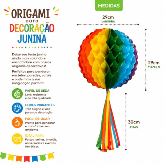Enfeite Junino Redondo de Origami 29 cm Decoração Festa Junina