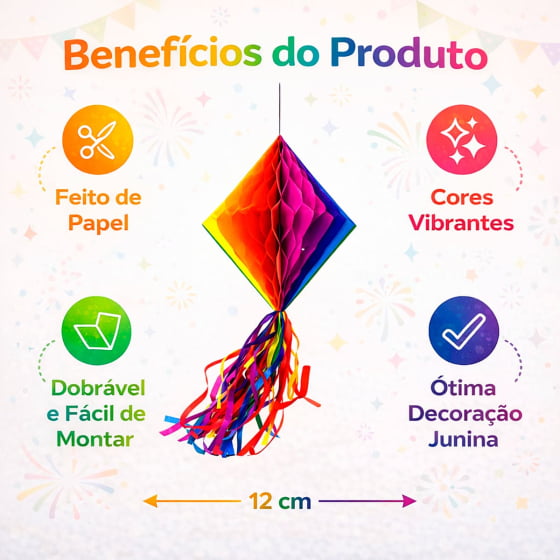 Enfeite Sanfonado Origami Colorido Losango 15 x 15 cm
