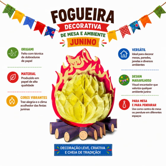 Fogueira Decorativa de Papel Origami Decoração de Festa Junina