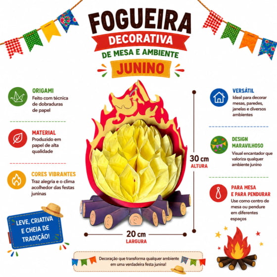 Fogueira Decorativa de Papel Origami Decoração de Festa Junina Fogueira Decorativa de Papel Origami Decoração de Festa Junina