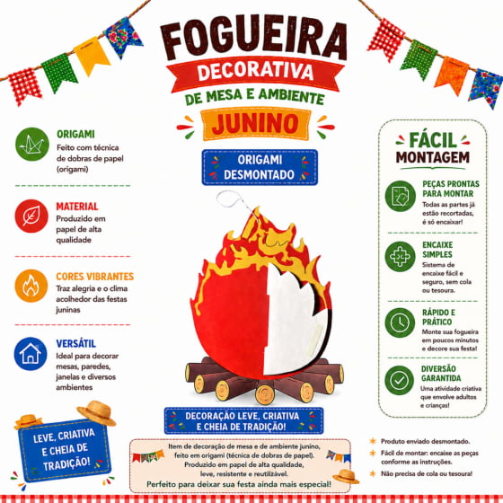 Fogueira Decorativa de Papel Origami Decoração de Festa Junina