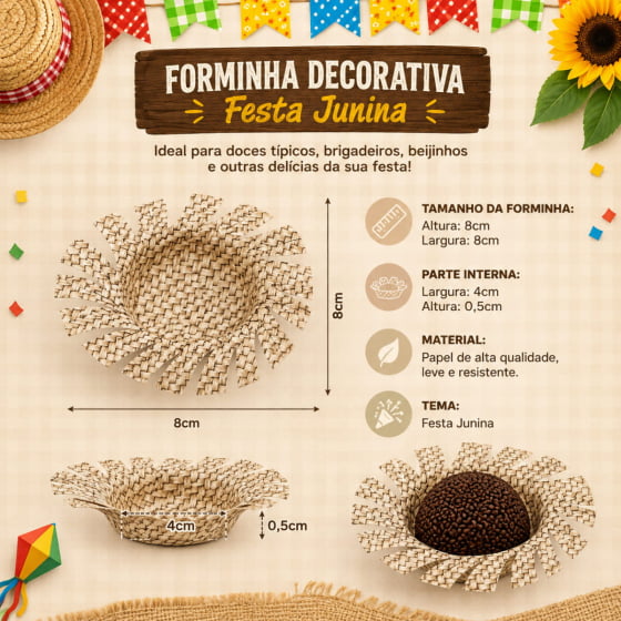 Forminha de Doces Chapéu de Palha Festa Junina com 40 Unidades
