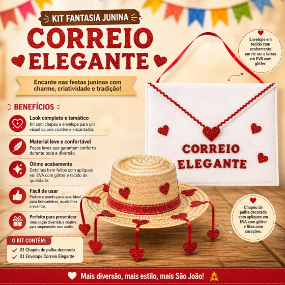Kit Fantasia Correio Elegante Festa Junina (Chapéu + Envelope)