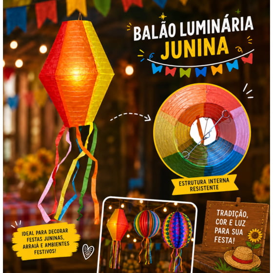 Luminária de Papel Lanterna Junina Colorida