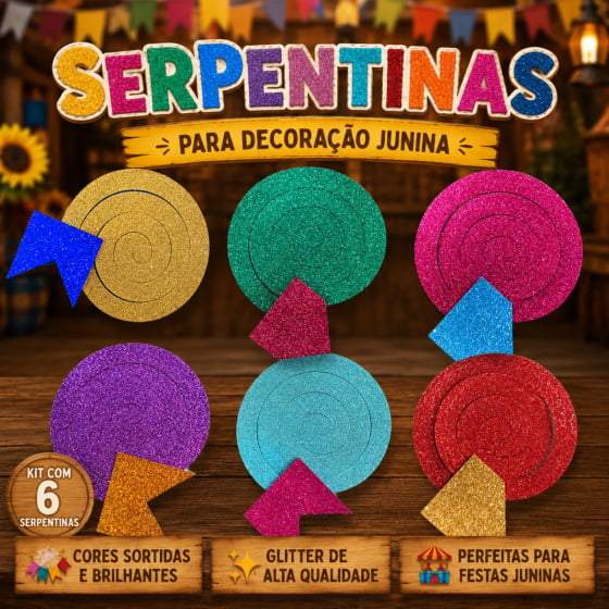 Serpentinas Glitter para Festa Junina Kit com 6 Unidades