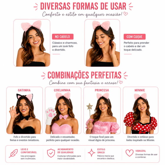 Tiara Orelha de Pelúcia Bichinhos Acessório de Fantasia