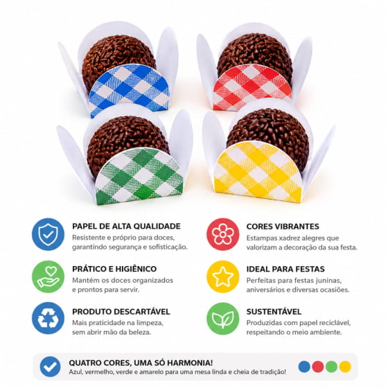 Forminha 4 Pétalas para Doces Xadrez Festa Junina - 50 unidades Forminha 4 Pétalas para Doces Xadrez Festa Junina - 50 unidades