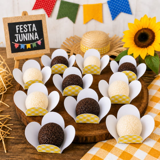 Forminha 4 Pétalas para Doces Xadrez Festa Junina 50 Unidades
