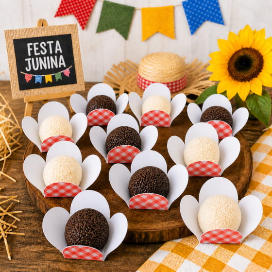Forminha 4 Pétalas para Doces Xadrez Festa Junina 50 Unidades
