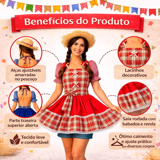 Avental Junino Adulto Menina Rodada Escolha a Cor