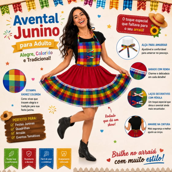 Avental Junino Adulto Menina Rodada Escolha a Cor