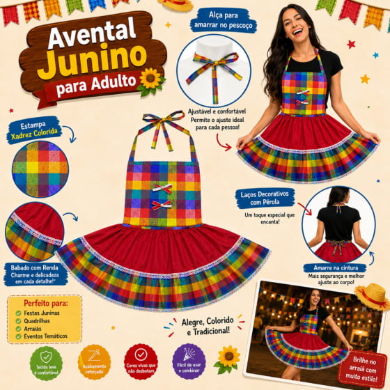 Avental Junino Adulto Menina Rodada Escolha a Cor
