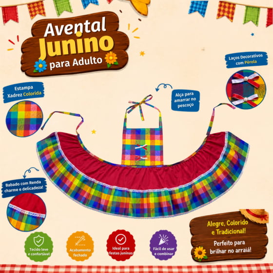 Avental Junino Adulto Menina Rodada Escolha a Cor