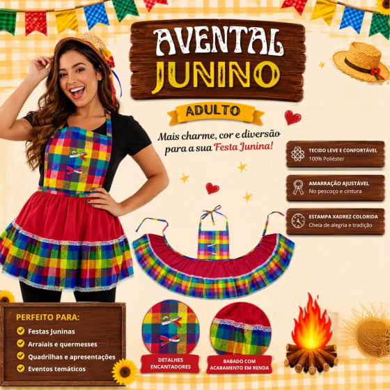 Avental Junino Adulto Menina Rodada Escolha a Cor