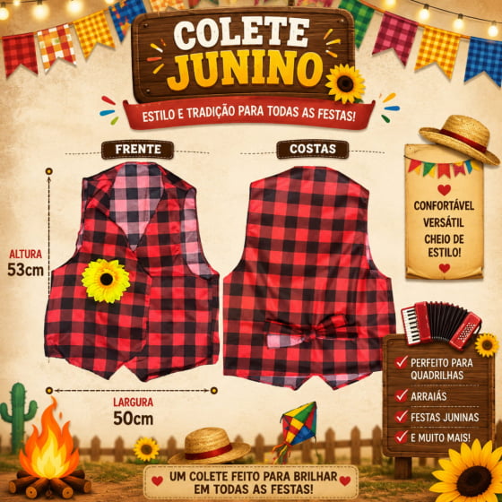 Colete Junino Adulto Xadrez com Detalhe de Girassol
