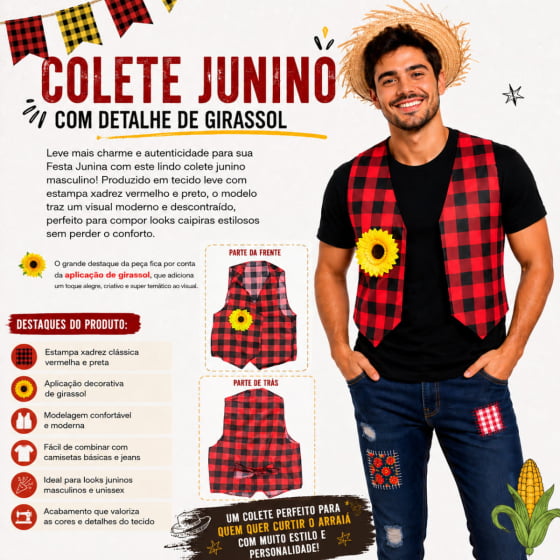 Colete Junino Adulto Xadrez com Detalhe de Girassol 