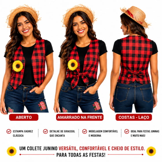 Colete Junino Adulto Xadrez com Detalhe de Girassol