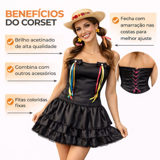 Corset Corpete Preto com Lacinhos Menina Junina Acessório Festa Junina