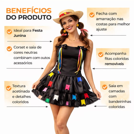 Corset Corpete Preto com Lacinhos Menina Junina Acessório Festa Junina