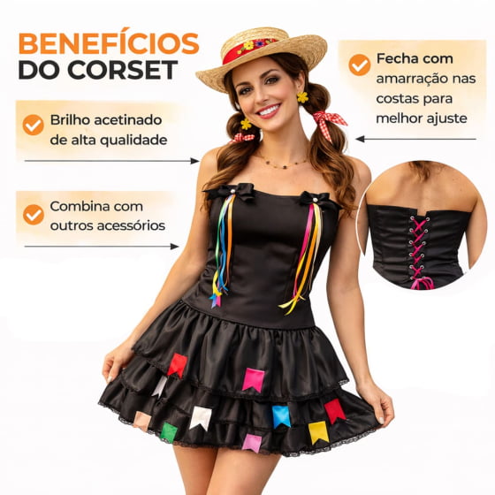 Corset Corpete Preto com Lacinhos Menina Junina Acessório Festa Junina