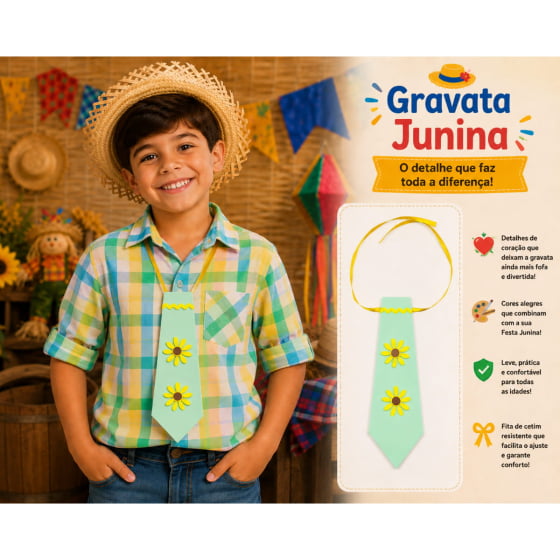 Gravata Junina Infantil Coração e Girassol