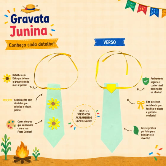 Gravata Junina Infantil Coração e Girassol