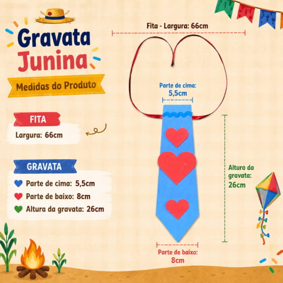 Gravata Junina Infantil Coração e Girassol 