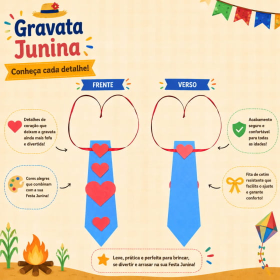 Gravata Junina Infantil Coração e Girassol