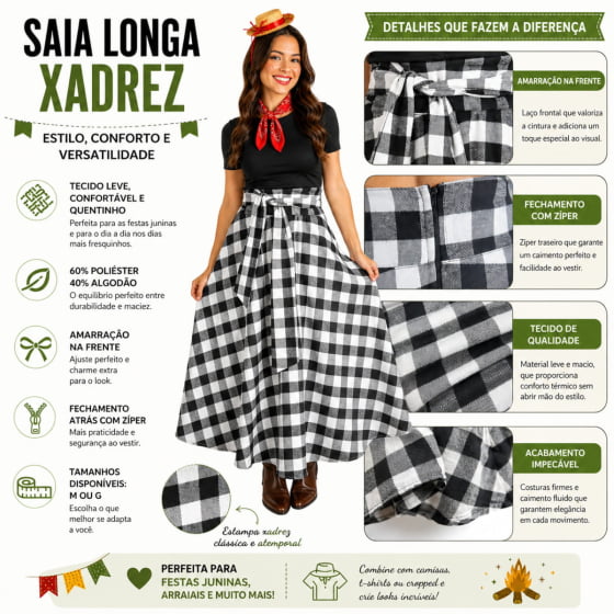 Saia Longa Adulto Xadrez Texas Escolha a Cor