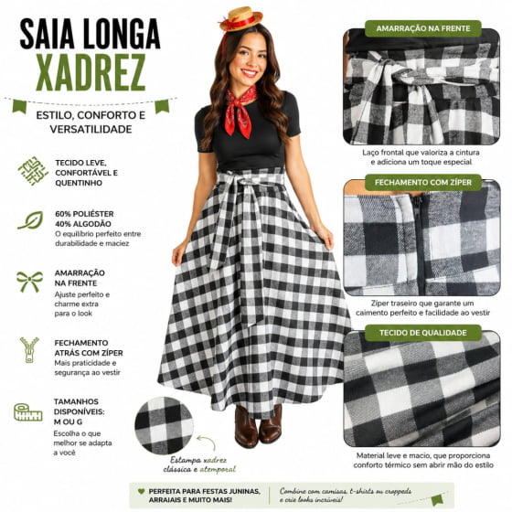 Saia Longa Adulto Xadrez Texas Escolha a Cor