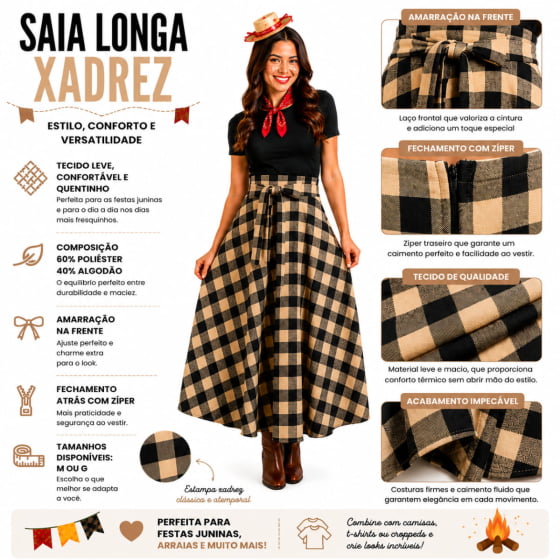 Saia Longa Adulto Xadrez Texas Escolha a Cor Saia Longa Adulto Xadrez Texas Escolha a Cor