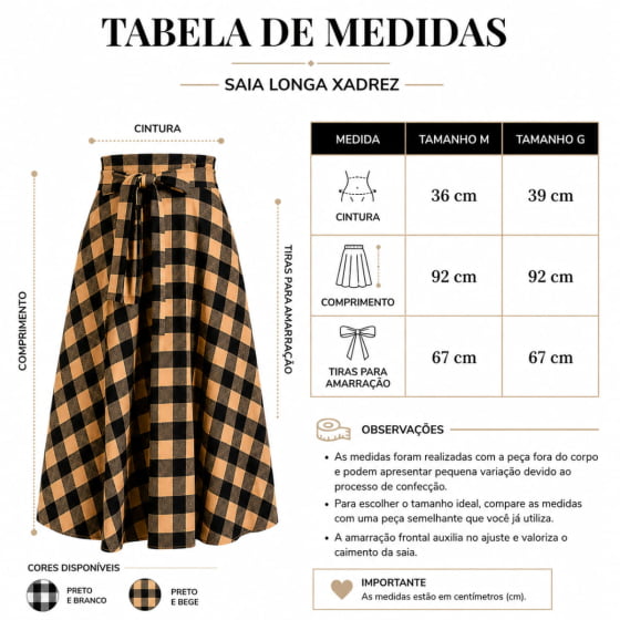 Saia Longa Adulto Xadrez Texas Escolha a Cor