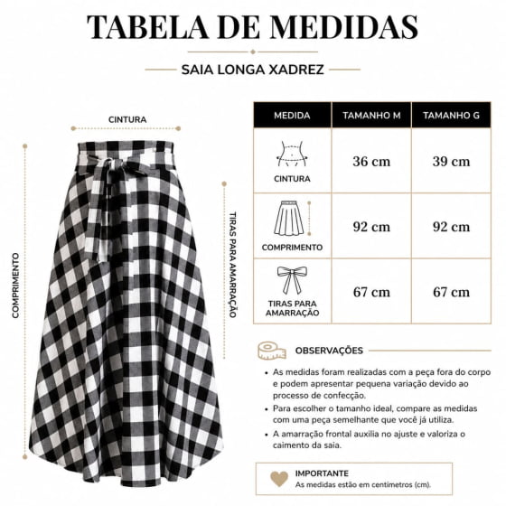 Saia Longa Adulto Xadrez Texas Escolha a Cor