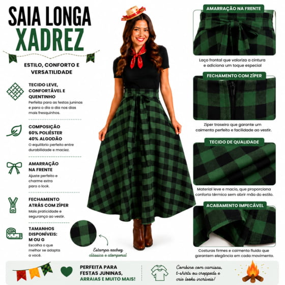 Saia Longa Adulto Xadrez Texas Escolha a Cor