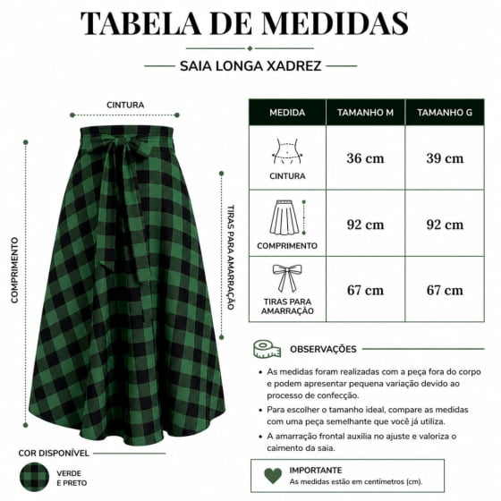 Saia Longa Adulto Xadrez Texas Escolha a Cor