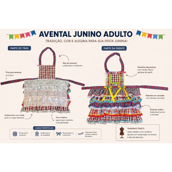 Avental Festa Junina Adulto Xadrez Luxo