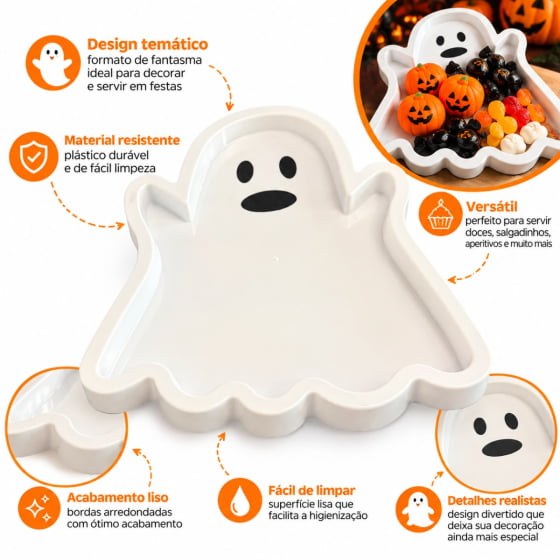 Bandeja Decorativa Fantasminha 23 cm Branca Decoração de Halloween
