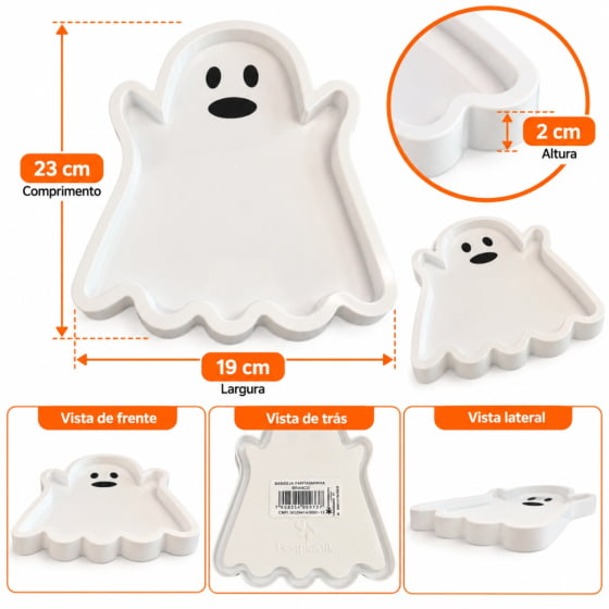 Bandeja Decorativa Fantasminha 23 cm Branca Decoração de Halloween