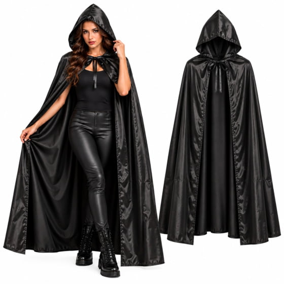 Capa Preta Vampiro Adulto Drácula com Capuz 160 cm Halloween Cosplay