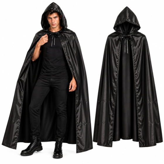 Capa Preta Vampiro Adulto Drácula com Capuz 160 cm Halloween Cosplay