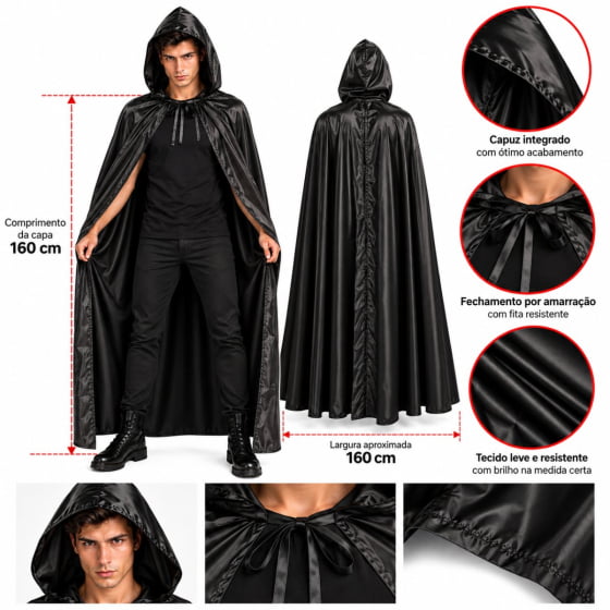 Capa Preta Vampiro Adulto Drácula com Capuz 160 cm Halloween Cosplay