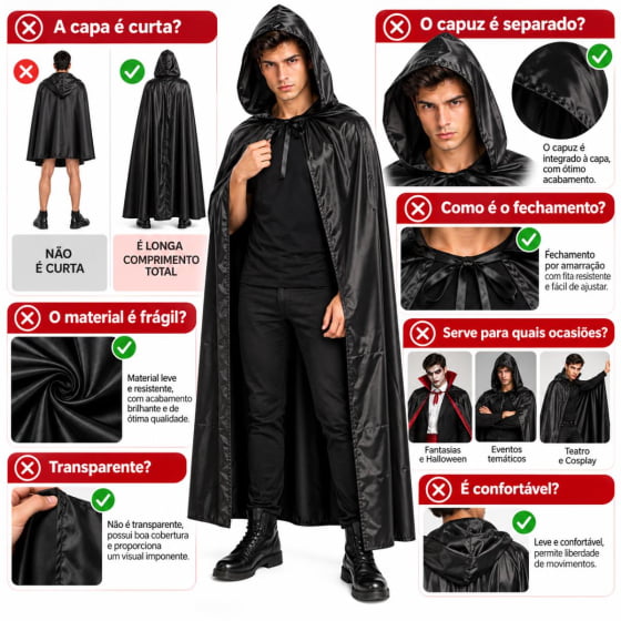 Capa Preta Vampiro Adulto Drácula com Capuz 160 cm Halloween Cosplay