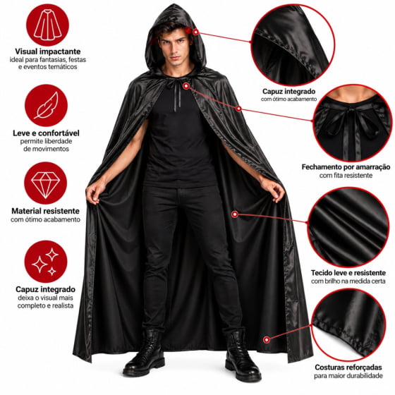 Capa Preta Vampiro Adulto Drácula com Capuz 160 cm Halloween Cosplay