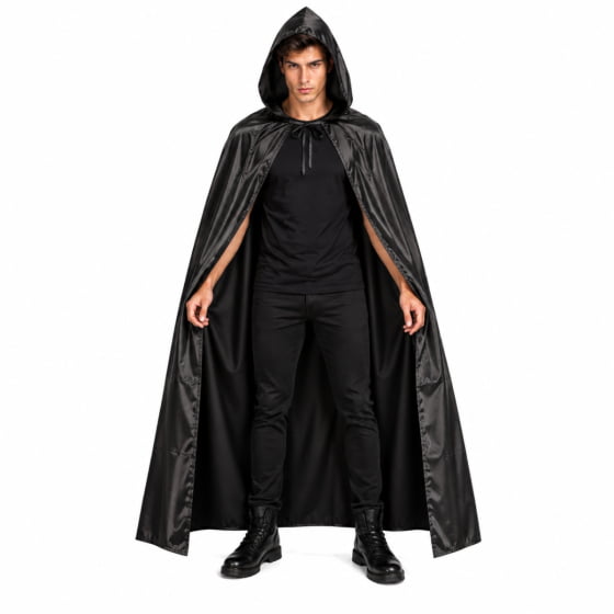 Capa Preta Vampiro Adulto Drácula com Capuz 160 cm Halloween Cosplay