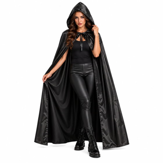 Capa Preta Vampiro Adulto Drácula com Capuz 160 cm Halloween Cosplay