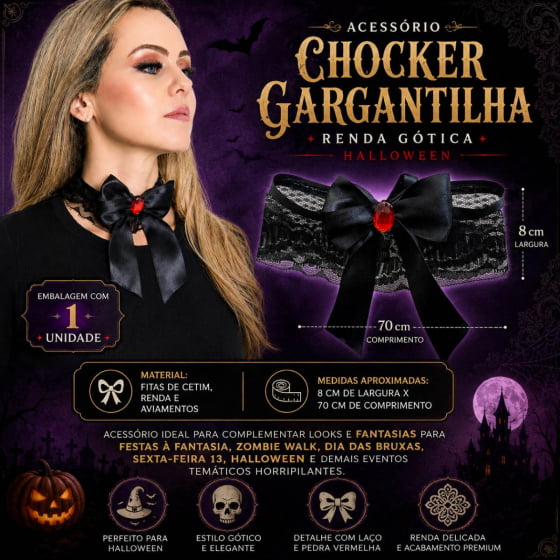 Gargantilha Choker de Renda Preta para Halloween