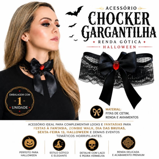 Gargantilha Choker de Renda Preta para Halloween