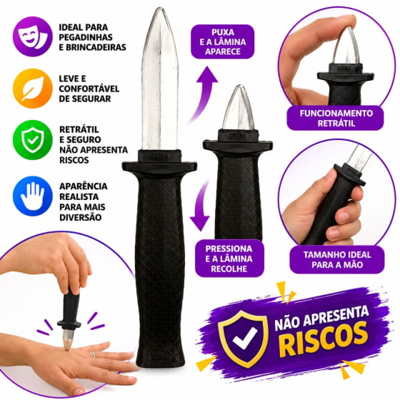 Brinquedo Punhal Faca Canivete Fake de Plástico Retrátil