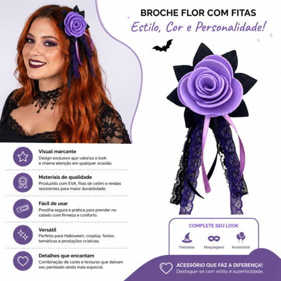Broche Tic Tac Com Presilha Fitas Flor Fantasia Halloween