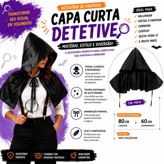 Capa Curta Preta com Capuz para Fantasia e Cosplay